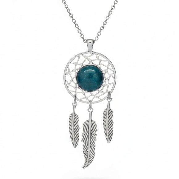 Jewelry - Dream Catcher Necklace with Ocean Jasper Stone and Feather Dangles Silver Tone